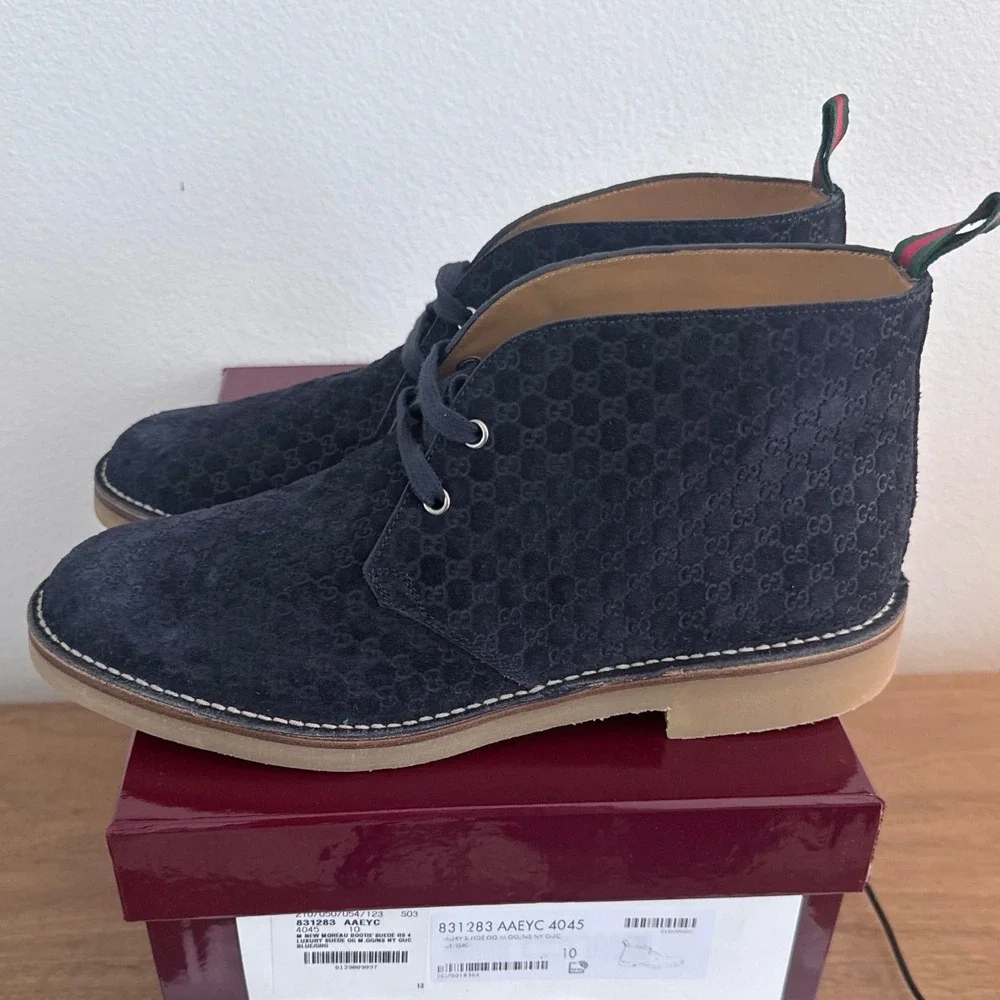 Gucci 831283 Moreau Navy Blue GG Monogram Suede Chukka Desert Boots Mens 10
